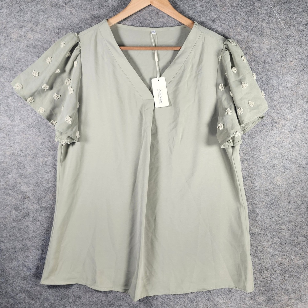 AOKOSOR Women's Sage Green‎ Pom Pom Sleeve V Neck Tunic Top XL Lightweight NEW